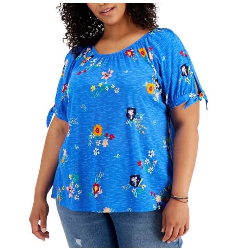 Style & Co Floral Blue Cotton Blend Top 3X